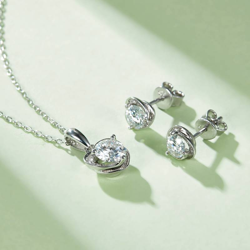 心花怒放S925银镀白金MoissanitePendantStud Earring套装